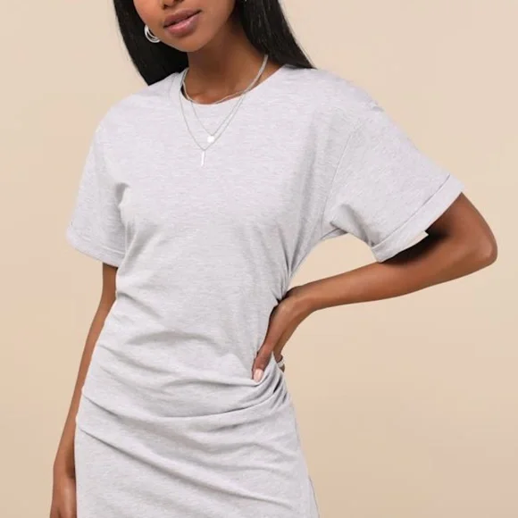 Lulus Effortless Approach Heather Grey Ruched Short Sleeve Mini Dress - Size M - Picture 1 of 1